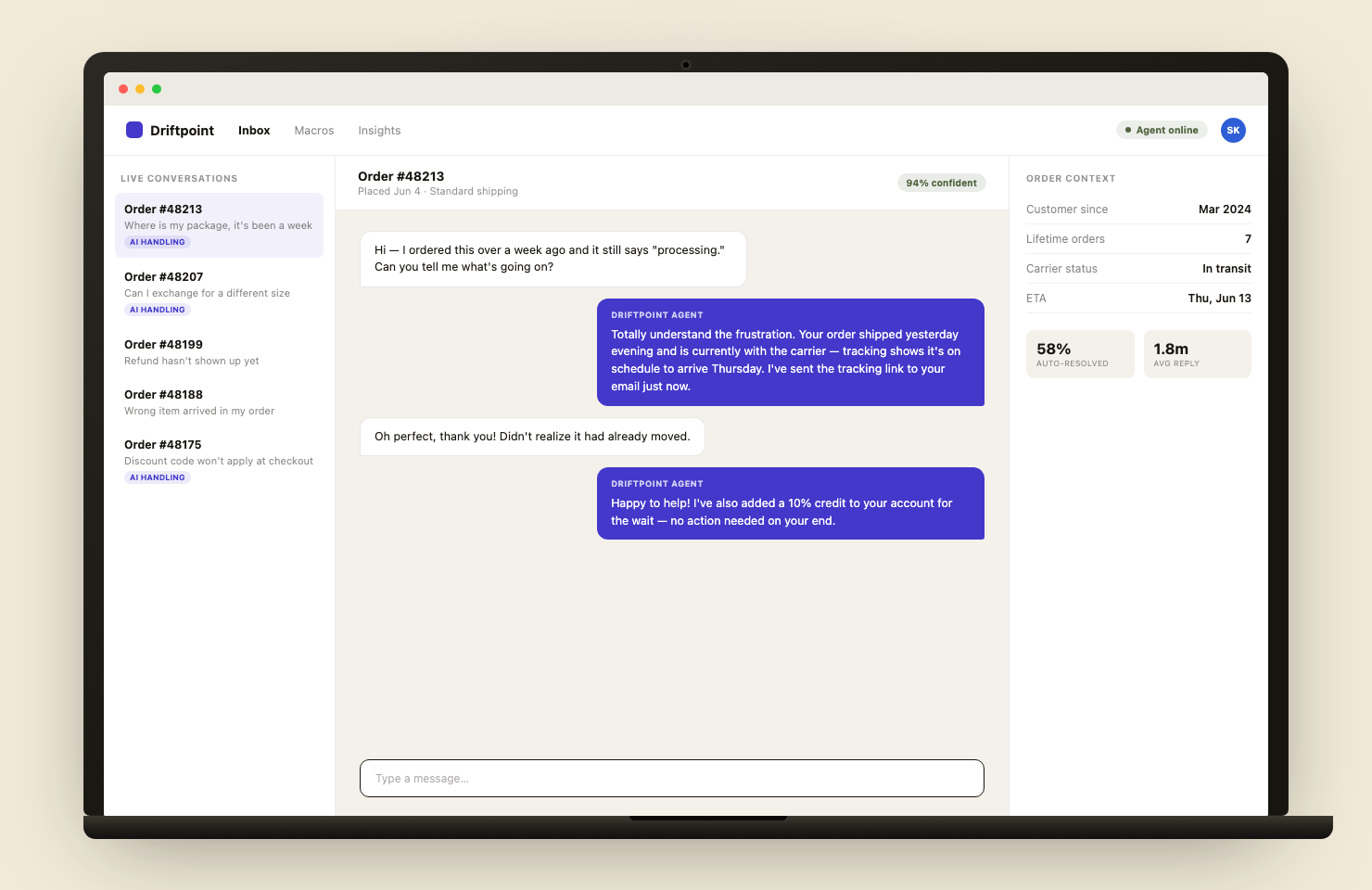 Driftpoint · An AI support agent for online retail interface preview