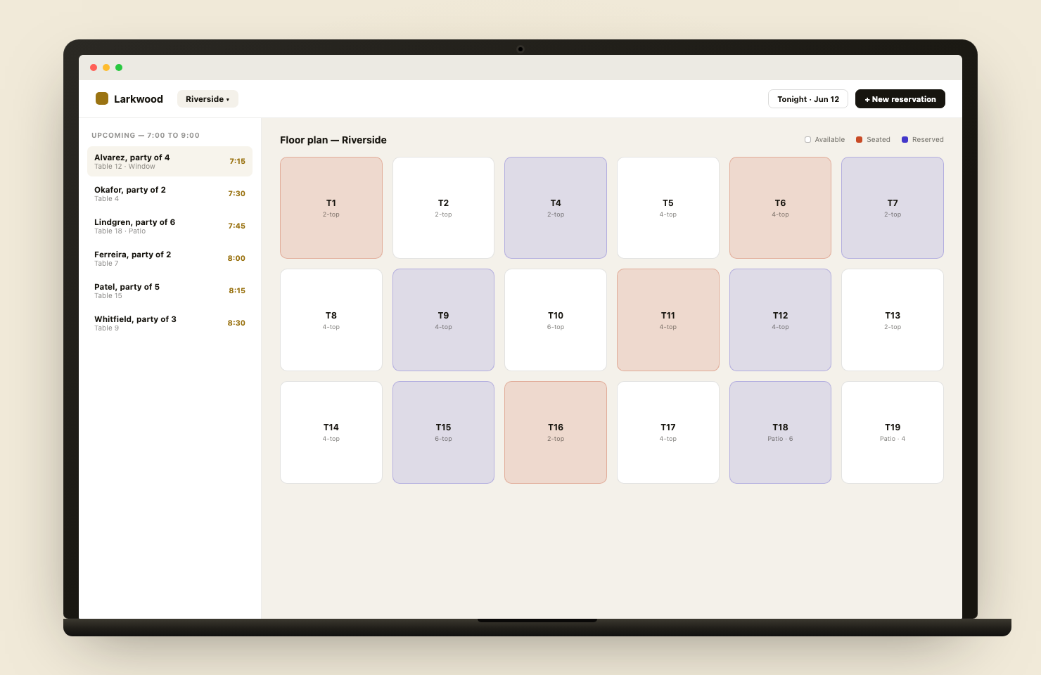 Larkwood · A floor-plan reservations system for a restaurant group interface preview