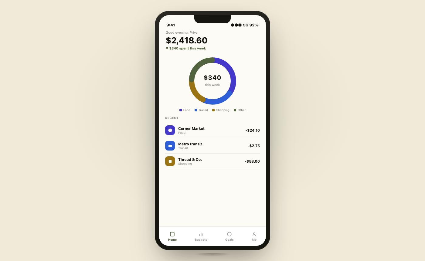 Satchel · A mobile budgeting app, zero to public beta interface preview